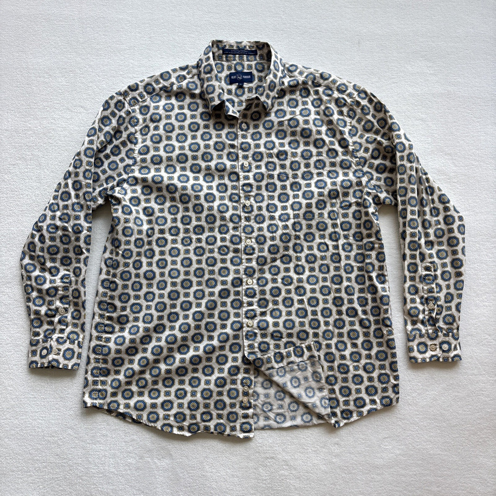 Alan Flusser Button Down Shirt Mens XL White Blue Yellow Geometric Medallion